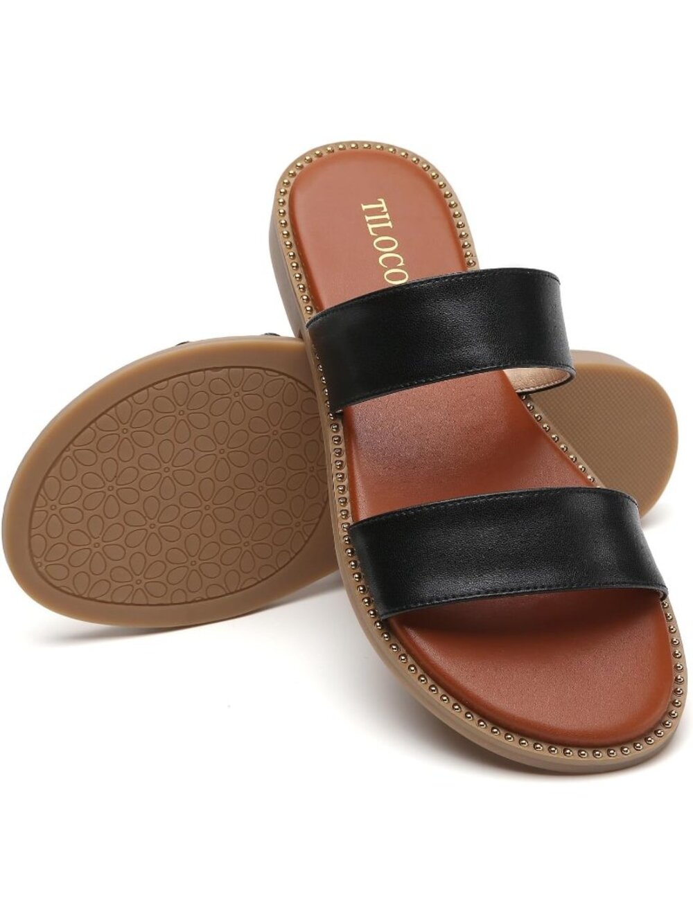 Women's Black Lightweight Stylish Double Straps Rivet Trim Slides Flat Sandals - Picture 5 of 6